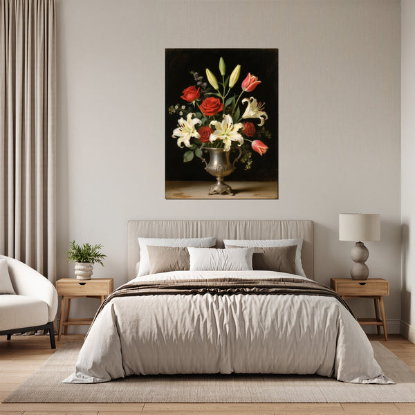 Leinwandbild Blütenzauber im Silberbecher fuer Schlafzimmer grauoderbeige Hochformat
