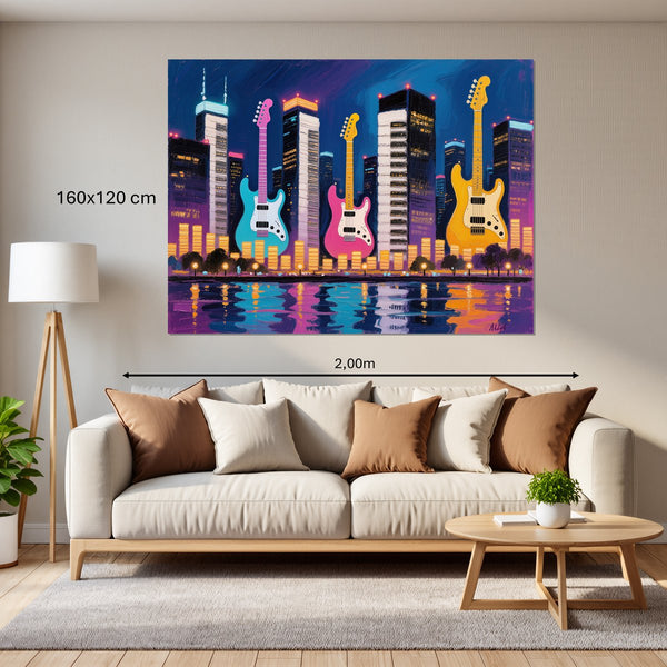 Leinwandbild Bunte Gitarren in der Stadt160x120 cm Querformat