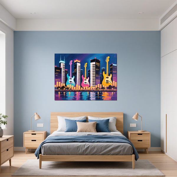 Leinwandbild Bunte Gitarren in der Stadt fuer Schlafzimmer blau Querformat