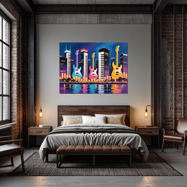 Leinwandbild Bunte Gitarren in der Stadt fuer Schlafzimmer dunkelanthrazit Querformat