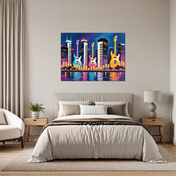 Leinwandbild Bunte Gitarren in der Stadt fuer Schlafzimmer grauoderbeige Querformat