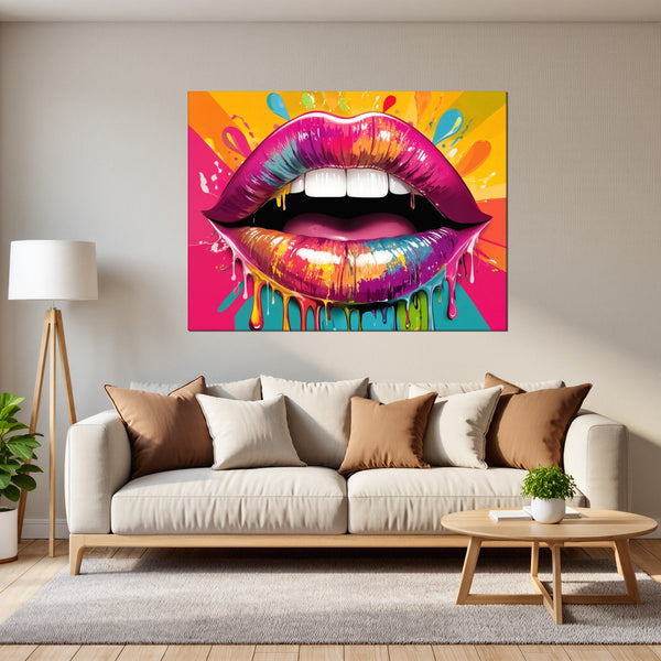 Leinwandbild Bunte Lippen B-00014 fuer Wohnzimmer grauoderbeige Querformat