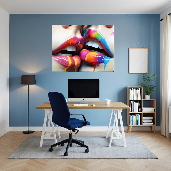 Leinwandbild Bunte Lippenkunst B-00028 fuer Büro- und Arbeitszimmer blau Querformat