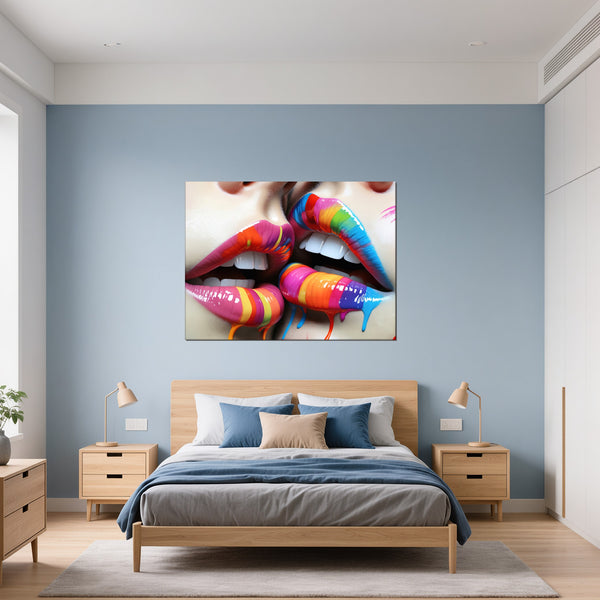 Leinwandbild Bunte Lippenkunst B-00028 fuer Schlafzimmer blau Querformat