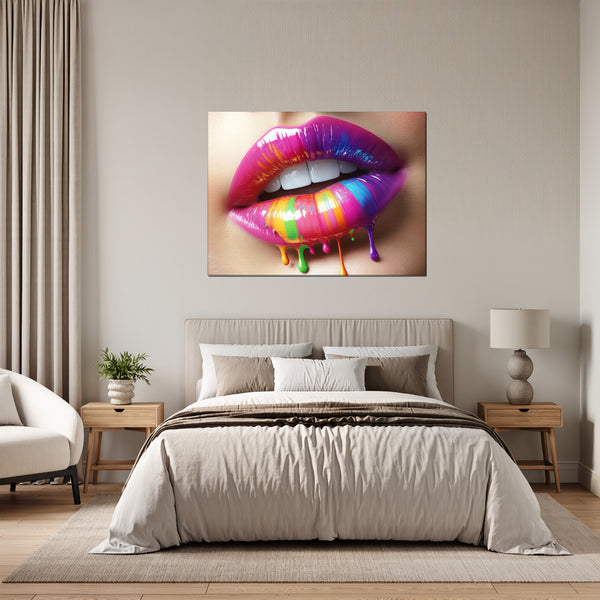 Leinwandbild Bunte Lippenkunst fuer Schlafzimmer grauoderbeige Querformat