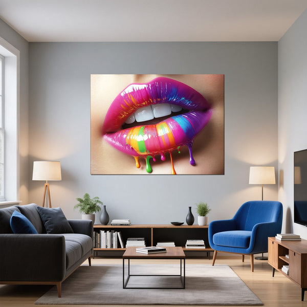 Leinwandbild Bunte Lippenkunst fuer Wohnzimmer blau Querformat