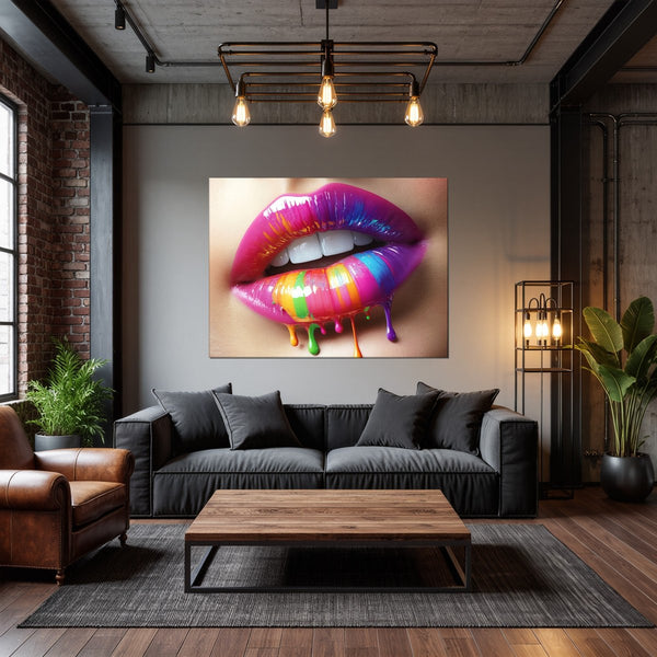 Leinwandbild Bunte Lippenkunst fuer Wohnzimmer dunkelanthrazit Querformat