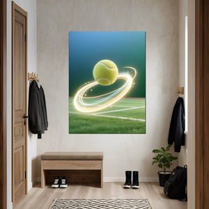 Leinwandbild Dynamischer Tennis-Moment fuer Flur und Eingang grauoderbeige Hochformat