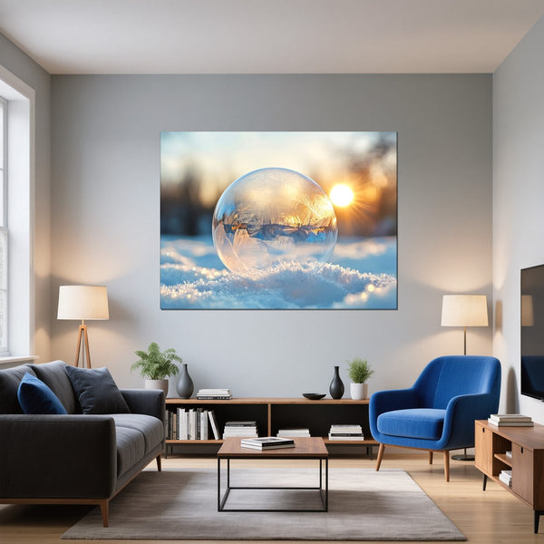 Leinwandbild Eisige Seifenblase im Sonnenlicht fuer Wohnzimmer blau Querformat