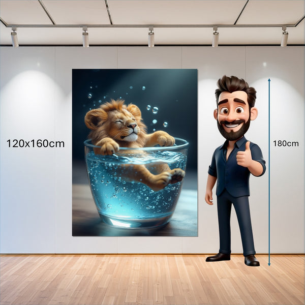 Leinwandbild Entspanntes Löwenbaby im Glas 120x160 cm Hochformat