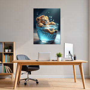 Leinwandbild Entspanntes Löwenbaby im Glas fuer Buero und Arbeitszimmer warmeFarben Hochformat