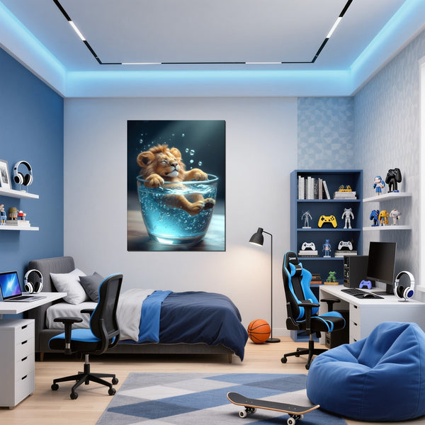 Leinwandbild Entspanntes Löwenbaby im Glas fuer Jugendzimmer blau Hochformat