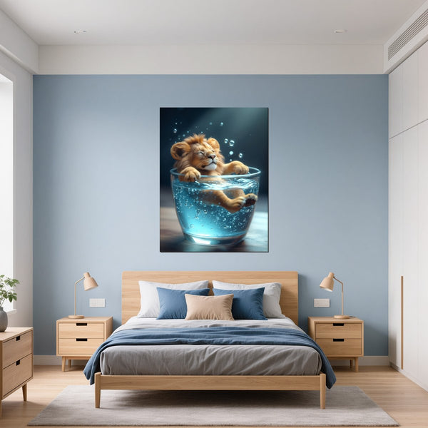 Leinwandbild Entspanntes Löwenbaby im Glas fuer Schlafzimmer blau Hochformat