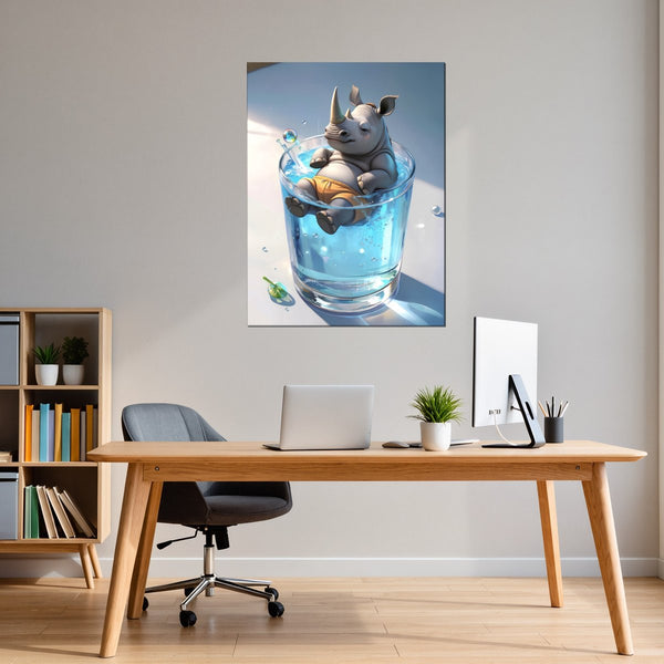 Leinwandbild Entspanntes Nashorn im Glas fuer Buero und Arbeitszimmer warmeFarben Hochformat