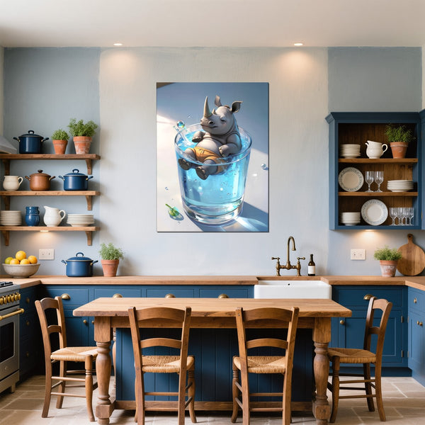 Leinwandbild Entspanntes Nashorn im Glas fuer Kueche und Esszimmer blau Hochformat