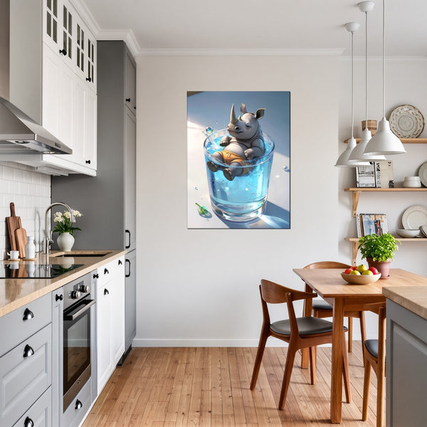 Leinwandbild Entspanntes Nashorn im Glas fuer Kueche und Esszimmer grauoderbeige Hochformat