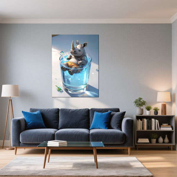 Leinwandbild Entspanntes Nashorn im Glas fuer Wohnzimmer blau Hochformat