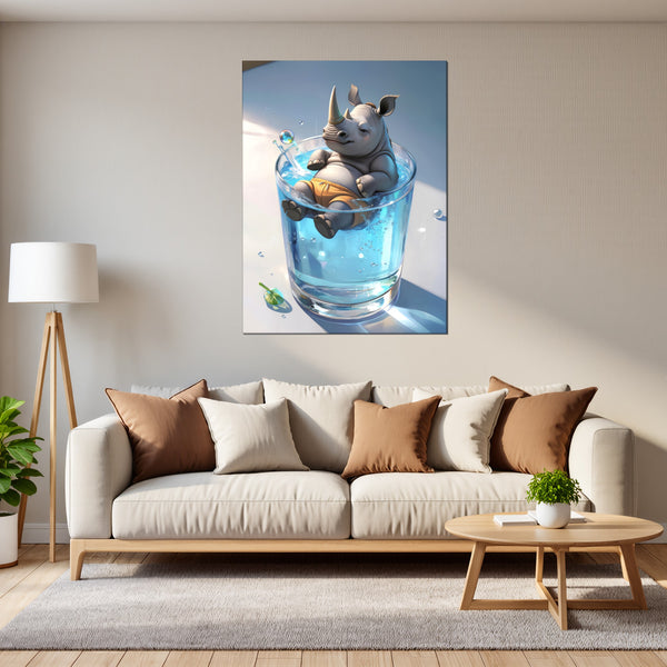 Leinwandbild Entspanntes Nashorn im Glas fuer Wohnzimmer grauoderbeige Hochformat