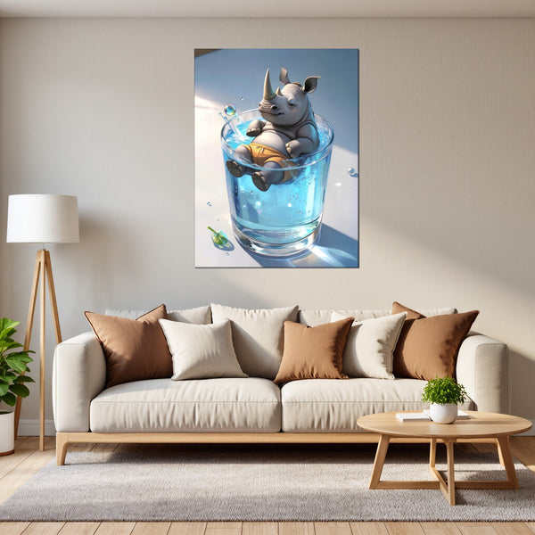Leinwandbild Entspanntes Nashorn im Glas fuer Wohnzimmer grauoderbeige Hochformat