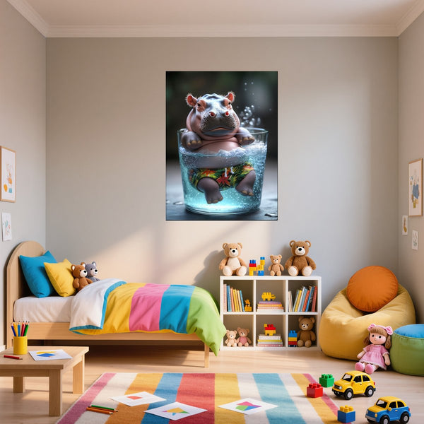 Leinwandbild Entspanntes Nilpferd im Glas fuer Kinderzimmer Hochformat
