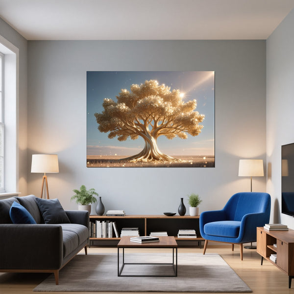 Leinwandbild Glänzender Baum in der Natur fuer Wohnzimmer blau Querformat