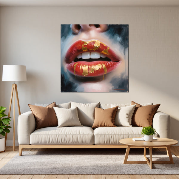 Leinwandbild Goldene Lippenpracht B-00013 fuer Wohnzimmer grauoderbeige Quadrat