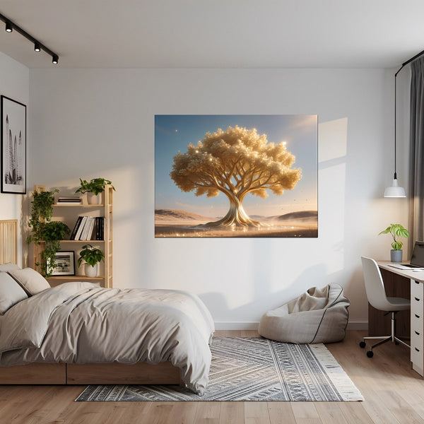Leinwandbild Goldener Baum in der Natur fuer Jugendzimmer grauoderbeige Querformat