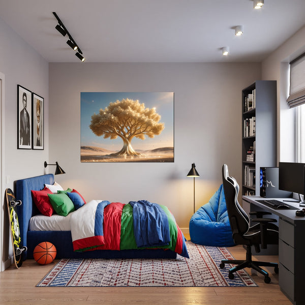 Leinwandbild Goldener Baum in der Natur fuer Jugendzimmer warmeFarben Querformat
