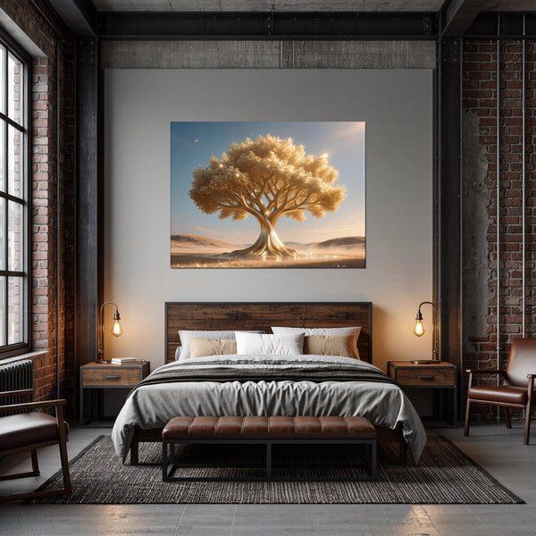 Leinwandbild Goldener Baum in der Natur fuer Schlafzimmer dunkelanthrazit Querformat