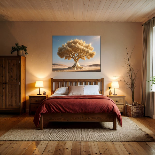 Leinwandbild Goldener Baum in der Natur fuer Schlafzimmer warmeFarben Querformat