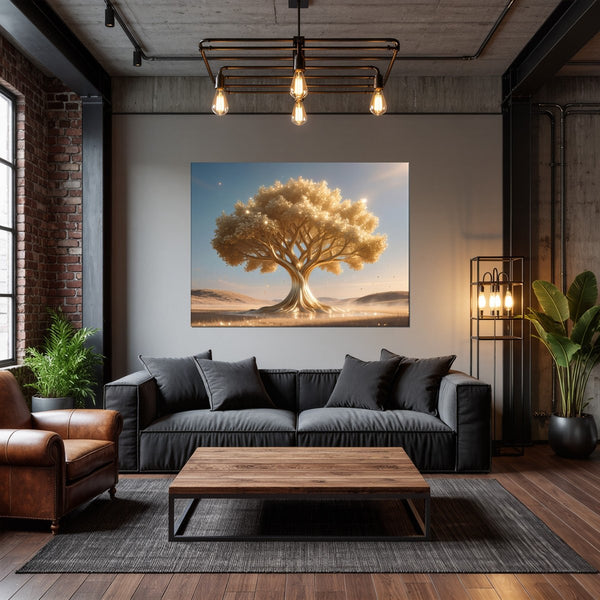 Leinwandbild Goldener Baum in der Natur fuer Wohnzimmer dunkelanthrazit Querformat