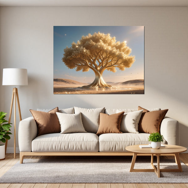 Leinwandbild Goldener Baum in der Natur fuer Wohnzimmer grauoderbeige Querformat