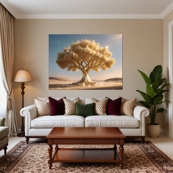 Leinwandbild Goldener Baum in der Natur fuer Wohnzimmer warmeFarben Querformat