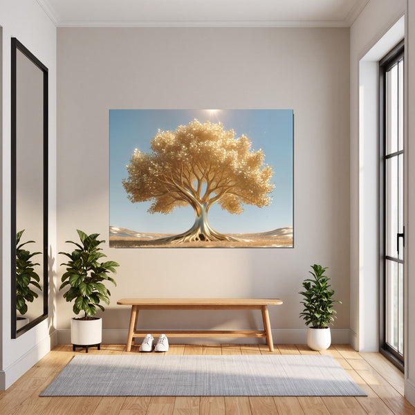 Leinwandbild Goldener Baum unter blauem Himmel fuer Flur und Eingang dunkelanthrazit Querformat
