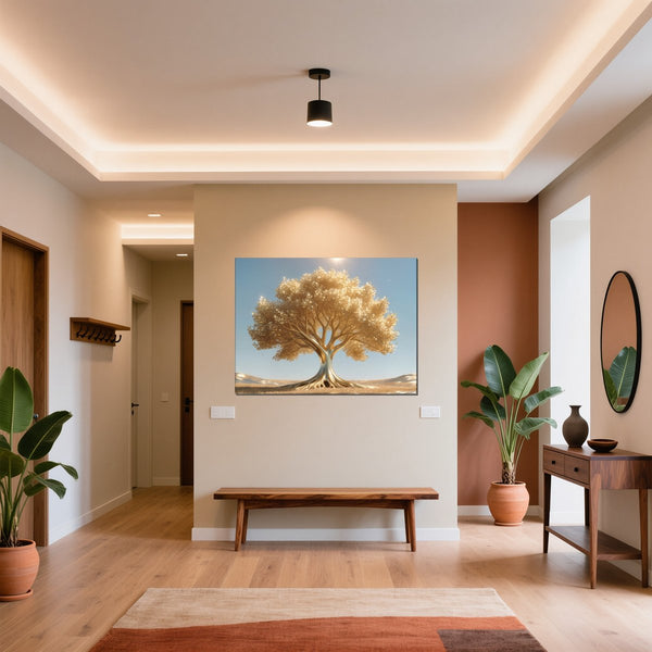 Leinwandbild Goldener Baum unter blauem Himmel fuer Flur und Eingang warmeFarben Querformat