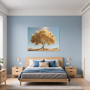 Leinwandbild Goldener Baum unter blauem Himmel fuer Schlafzimmer blau Querformat