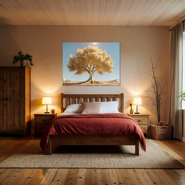 Leinwandbild Goldener Baum unter blauem Himmel fuer Schlafzimmer warmeFarben Querformat