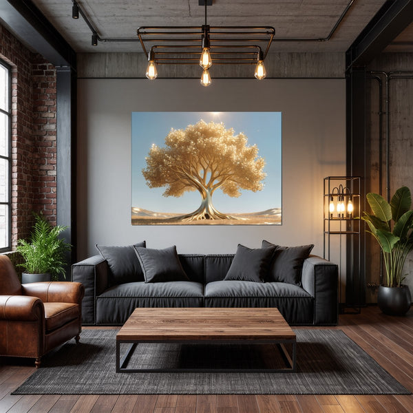 Leinwandbild Goldener Baum unter blauem Himmel fuer Wohnzimmer dunkelanthrazit Querformat
