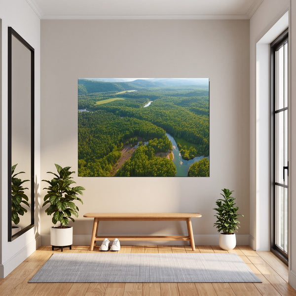 Leinwandbild Grüne Landschaft mit Fluss fuer Flur und Eingang dunkelanthrazit Querformat