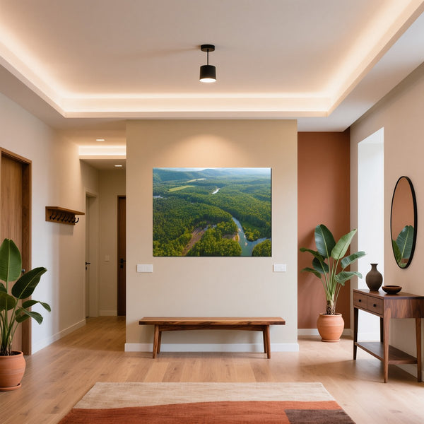 Leinwandbild Grüne Landschaft mit Fluss fuer Flur und Eingang warmeFarben Querformat