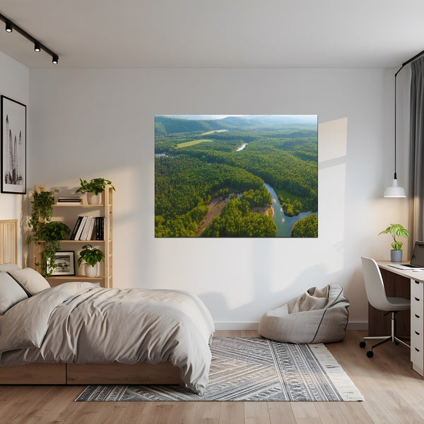Leinwandbild Grüne Landschaft mit Fluss fuer Jugendzimmer gruen Querformat