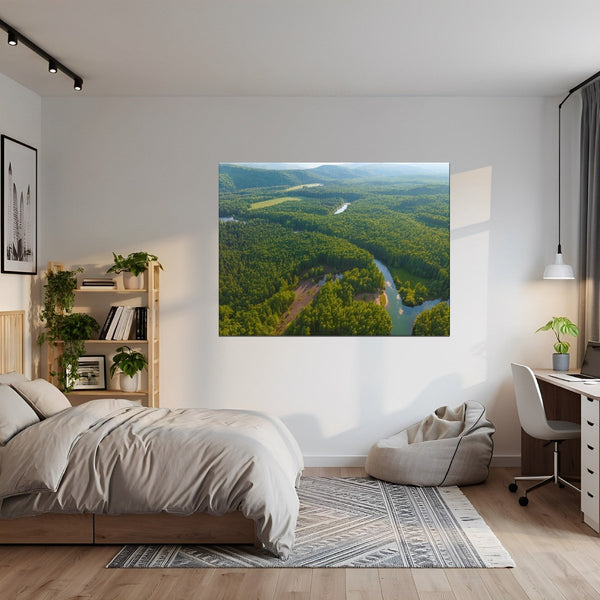 Leinwandbild Grüne Landschaft mit Fluss fuer Jugendzimmer gruen Querformat