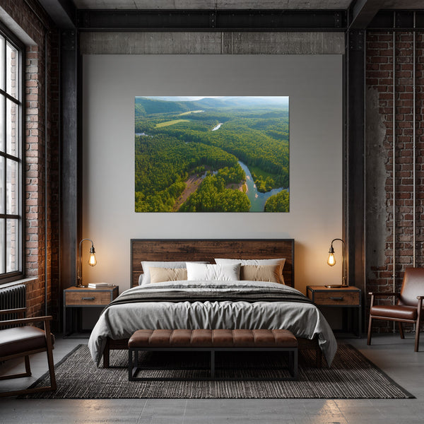 Leinwandbild Grüne Landschaft mit Fluss fuer Schlafzimmer dunkelanthrazit Querformat