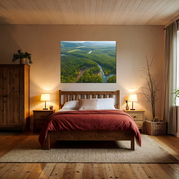 Leinwandbild Grüne Landschaft mit Fluss fuer Schlafzimmer warmeFarben Querformat