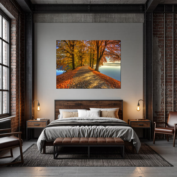 Leinwandbild Herbstliche Landschaft am Wasser fuer Schlafzimmer dunkelanthrazit Querformat