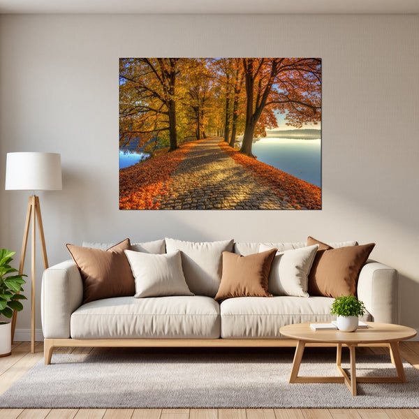 Leinwandbild Herbstliche Landschaft am Wasser fuer Wohnzimmer grauoderbeige Querformat
