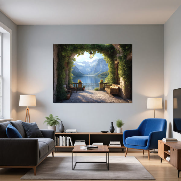 Leinwandbild Idyllische Berglandschaft fuer Wohnzimmer blau Querformat