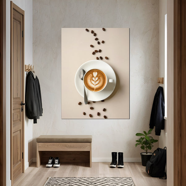 Leinwandbild Kaffeegenuss in Perfektion fuer Flur und Eingang grauoderbeige Hochformat