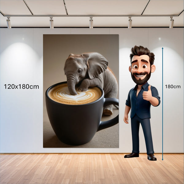 Leinwandbild Kaffeegenuss mit Elefant 120x180 cm Hochformat