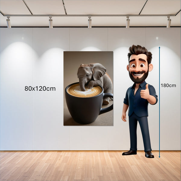 Leinwandbild Kaffeegenuss mit Elefant 80x120 cm Hochformat